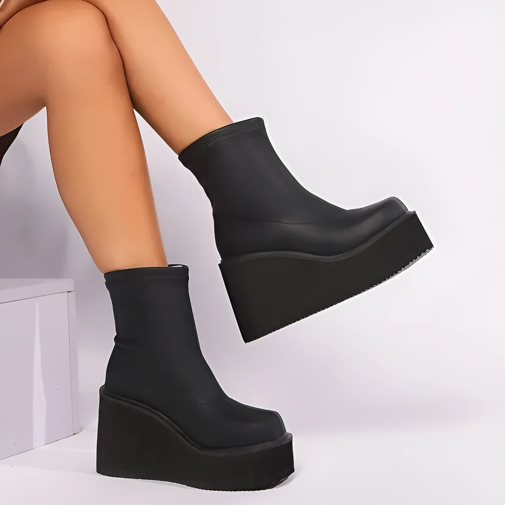 Plus size women's wedge heel boots with waterproof platform sole and round toe design