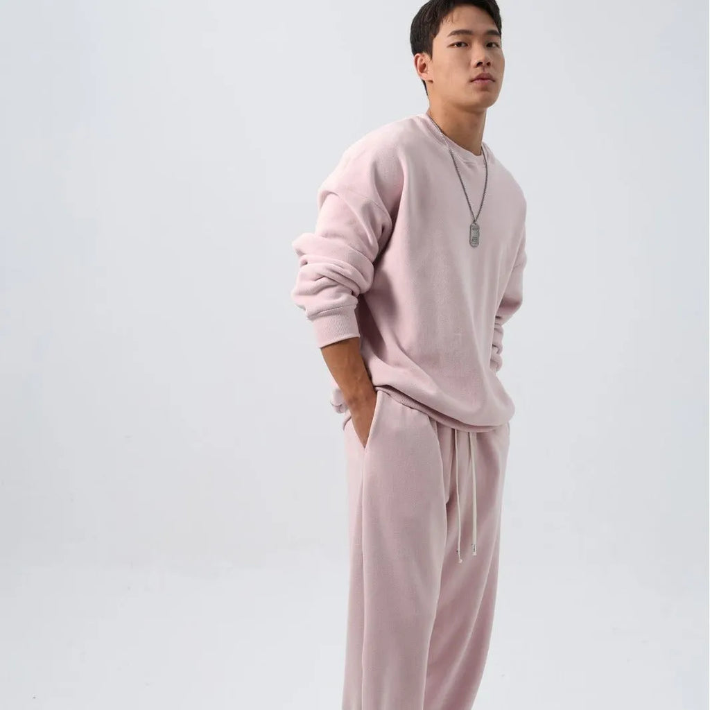 Men's polar fleece winter sports suit in five colour options showing crew neck top and matching trousers