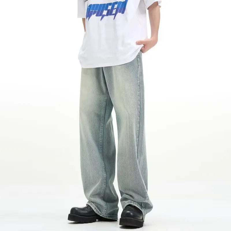 Blue retro loose-fit men's casual trousers made from rabbit fur fabric on a neutral background.