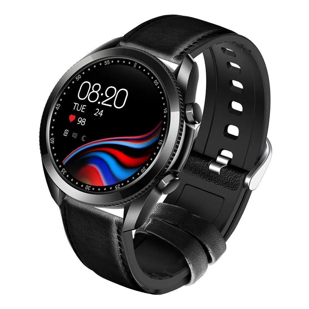 UM90 smartwatch with black leather strap showing time on a circular touch screen display.