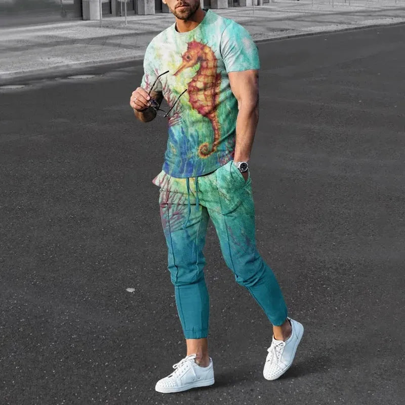 Men's short-sleeved printed pullover and matching trousers set on a neutral background