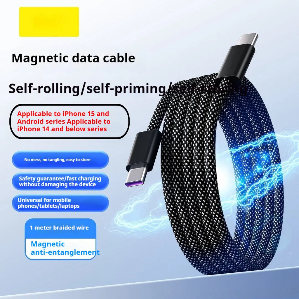 Woven braided USB data cable 66W with Lightning micro USB and Type-C connectors in Tech Black