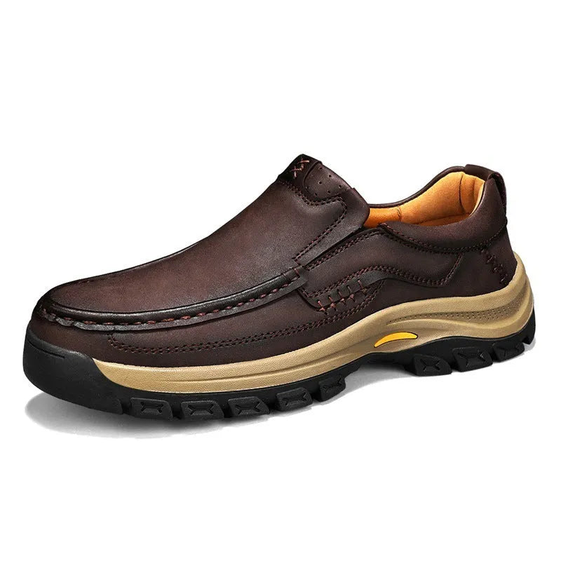 Men's black leather outdoor shoes with thick rubber soles and round toe