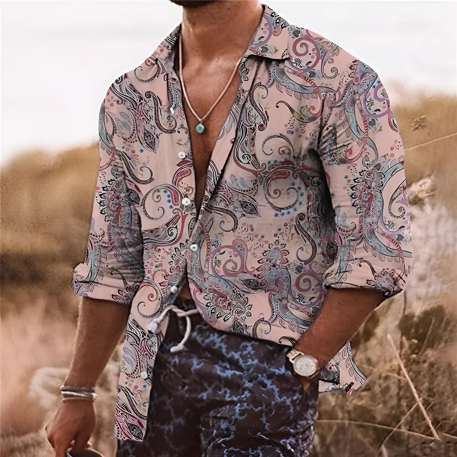 Men's loose fit long sleeve shirt with a colourful 3D floral pattern print.