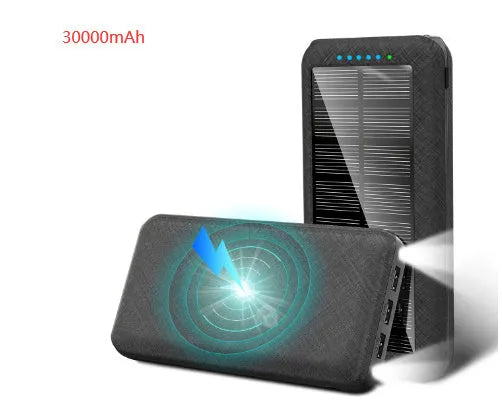 Black portable power bank with solar panel, wireless charging surface, and three USB output ports