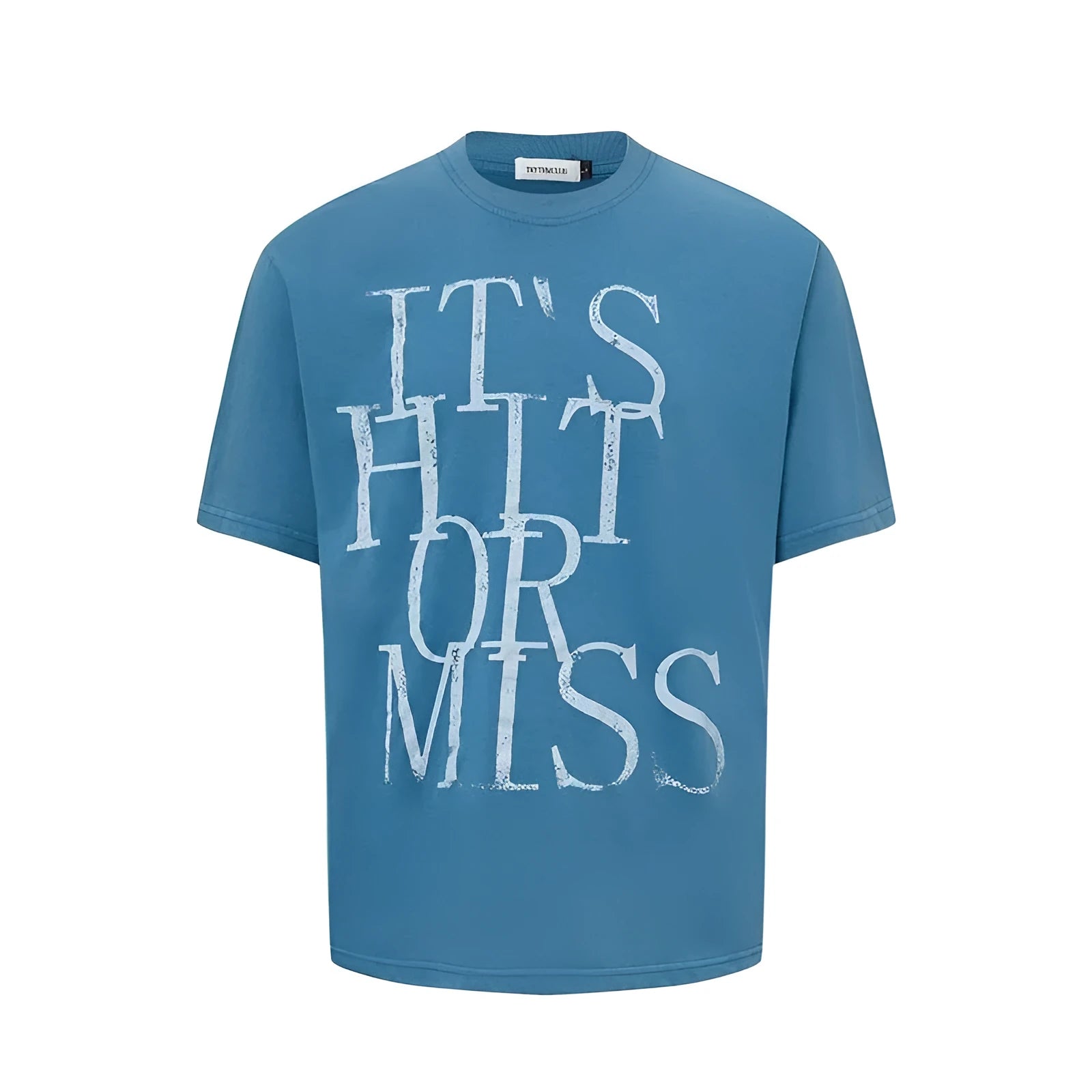 Man wearing a blue American retro style t-shirt with white letter printing, loose fit round neck.
