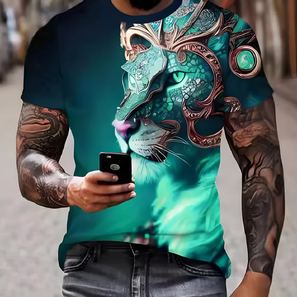 Men's grey t-shirt with 3D lion face printing on front