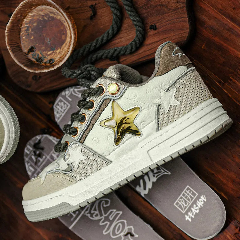 Cowhide leather low-top platform running shoes with round toe and front lace-up, shown in West Lake dragon well tea colour.