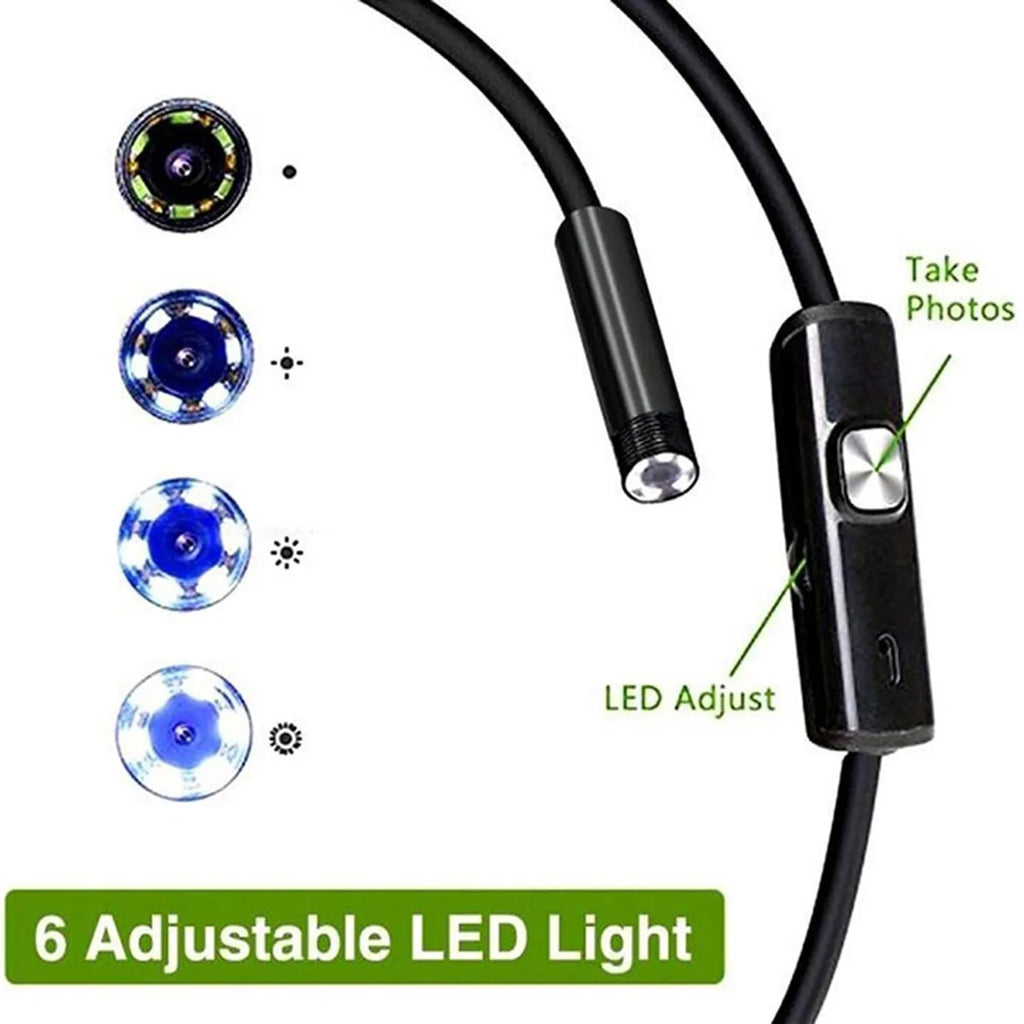 Type-C USB Android phone endoscope with flexible cable, IP67 waterproof rating, and accessory attachments