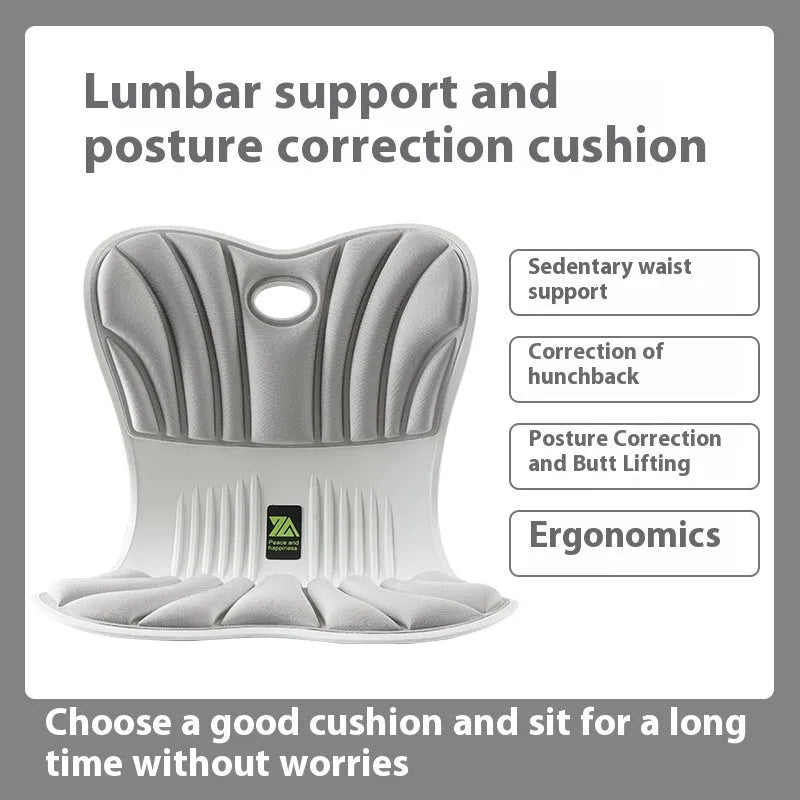 Grey ergonomic seat cushion for office chair waist support and posture correction.