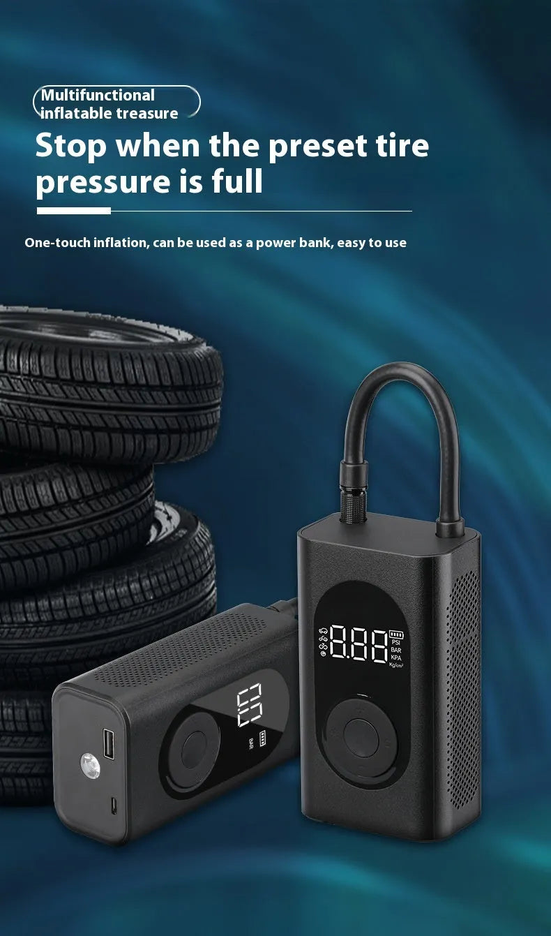 Mini wireless handheld air pump with power bank and flashlight for car and bike tyre inflation