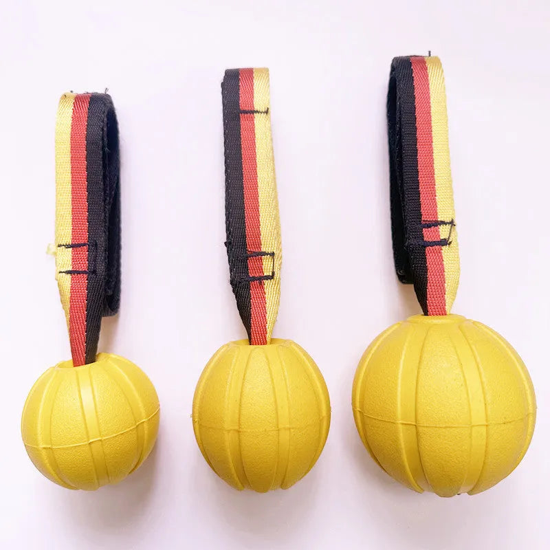 Floating EVA tether ball for dogs in camouflage or yellow colour with three diameter size options