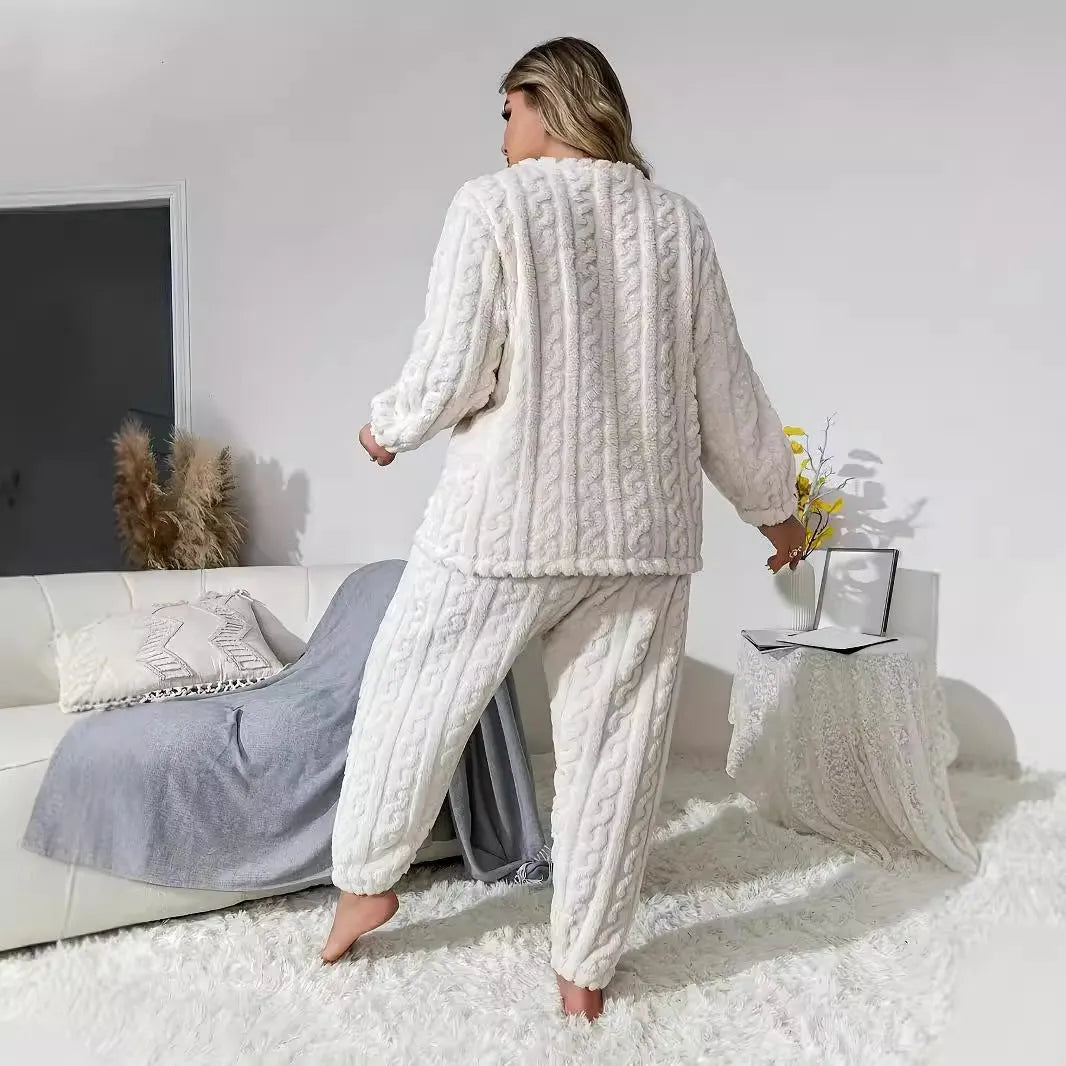 Women's creamy white plush polyester long-sleeve two-piece lounge set with crew neck top and trousers