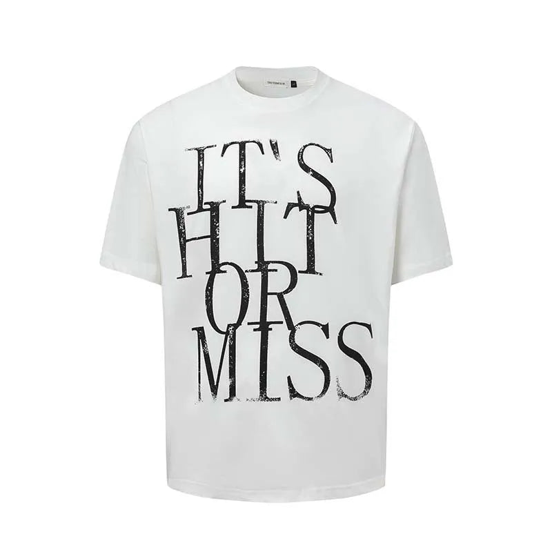 Man wearing a blue American retro style t-shirt with white letter printing, loose fit round neck.