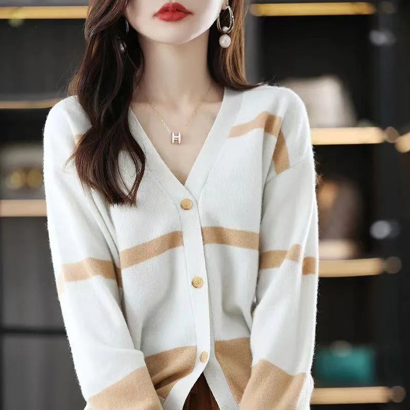 Women's striped V-neck knitted cardigan with 3D pattern in a slim fit, shown in multiple colour options.