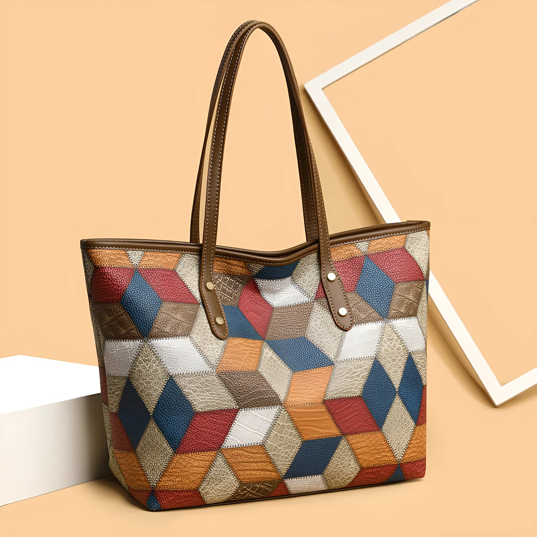 Women's large capacity PVC shoulder handbag in blue brown colour with sandwich pocket organiser