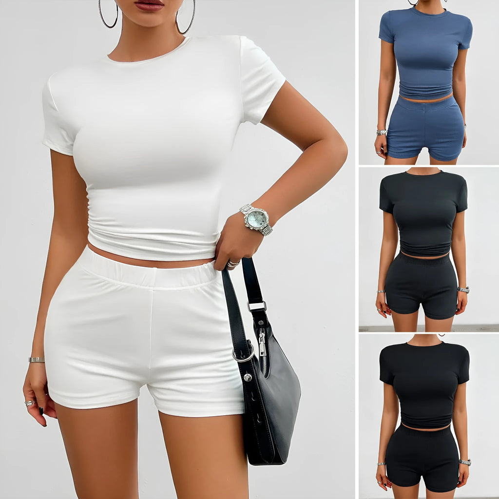 Women's solid colour viscose two-piece sports set with T-shirt and elastic shorts