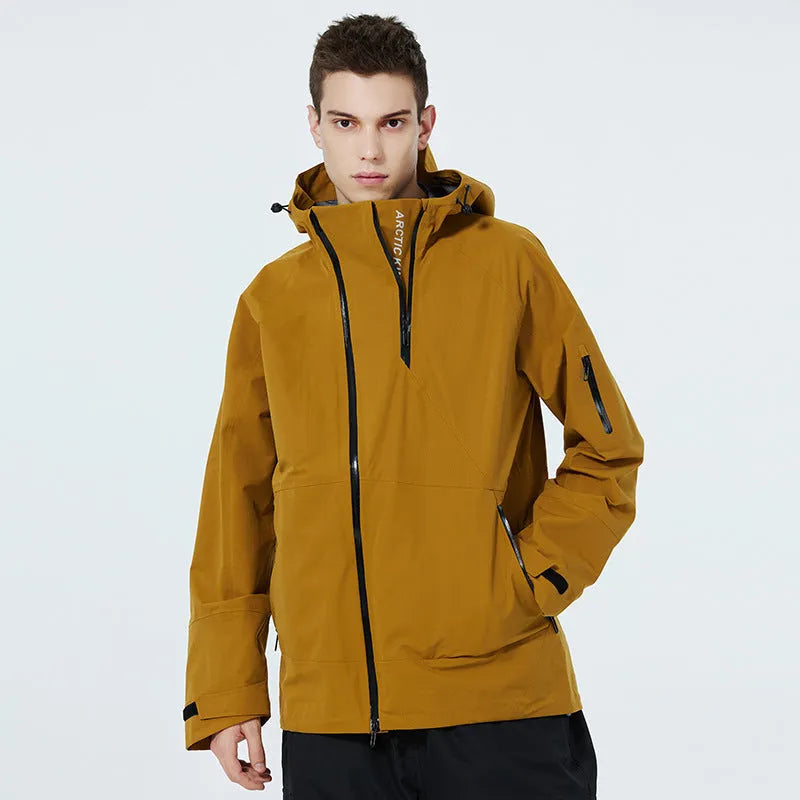 Yellow and black ski suit with thin veneer double plate construction for winter sports