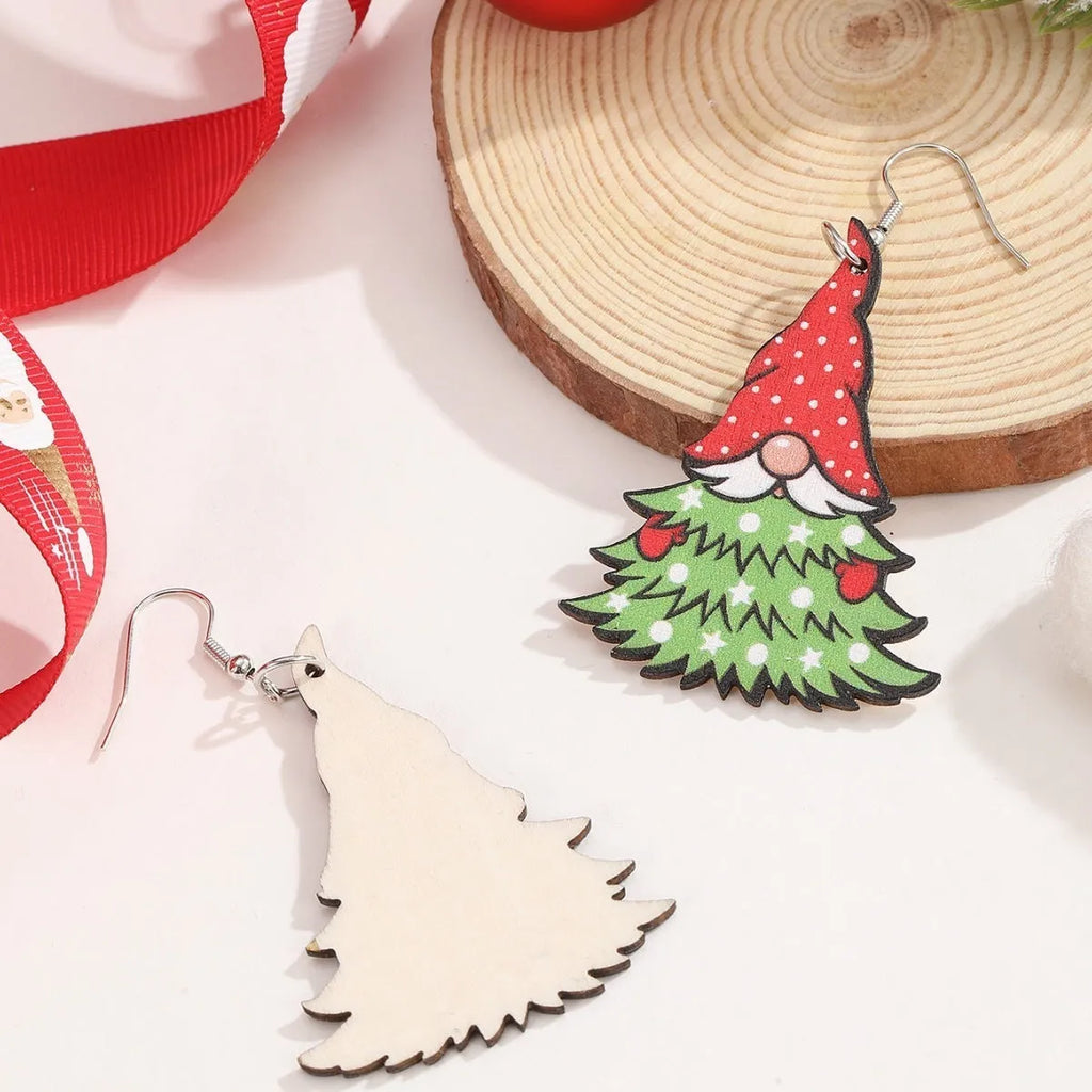 Wooden Christmas earrings with geometric Christmas tree and water drop snowman designs featuring Santa Claus motifs