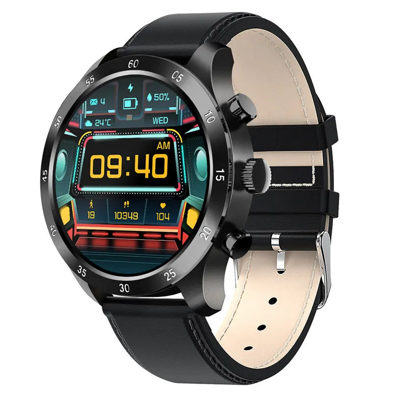 Apple iOS smart watch with Bluetooth calling on wrist, showing bamboo steel strap option.