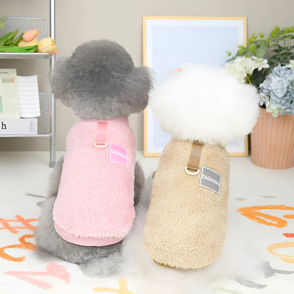 A dog wearing a soft blue coral fleece casual jacket.