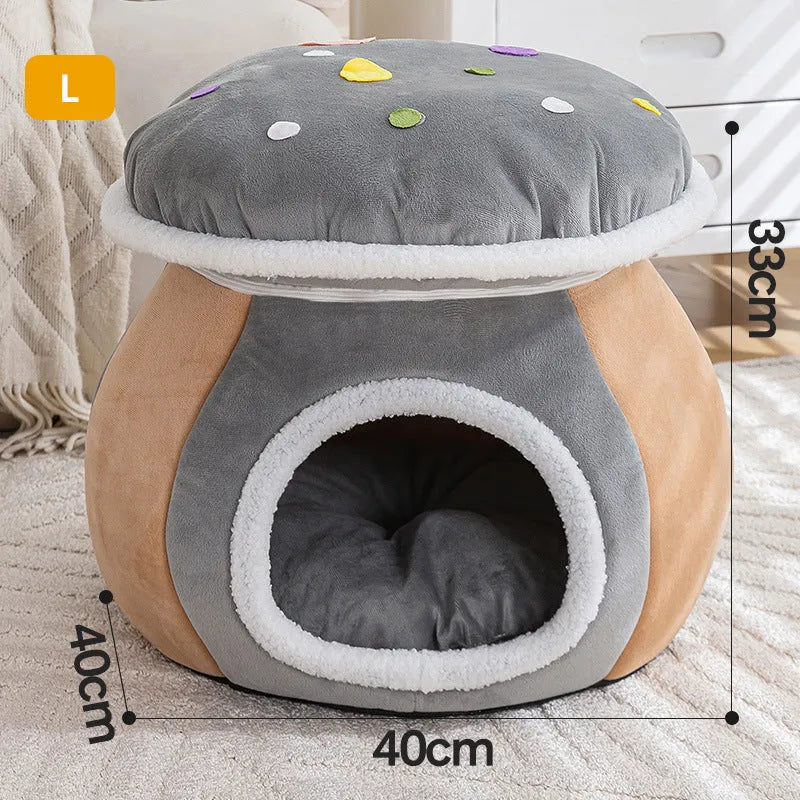 Purple mushroom-shaped plush cat bed for small pets on a grey background.