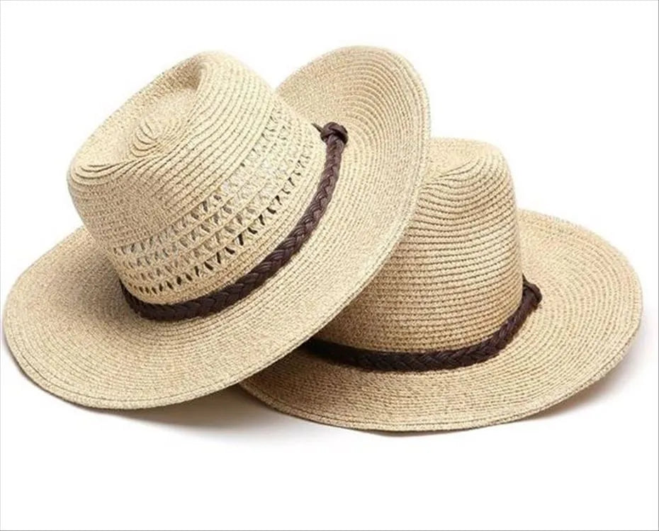 Men's foldable straw sun hat with wide brim in mixed beige colour on neutral background