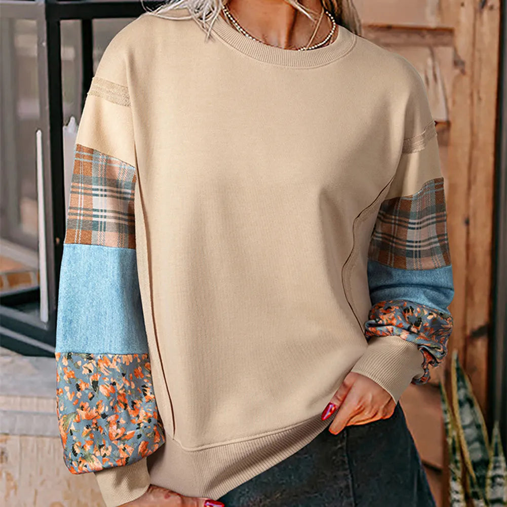 Women's plaid stitching long-sleeved loose top in apricot colour