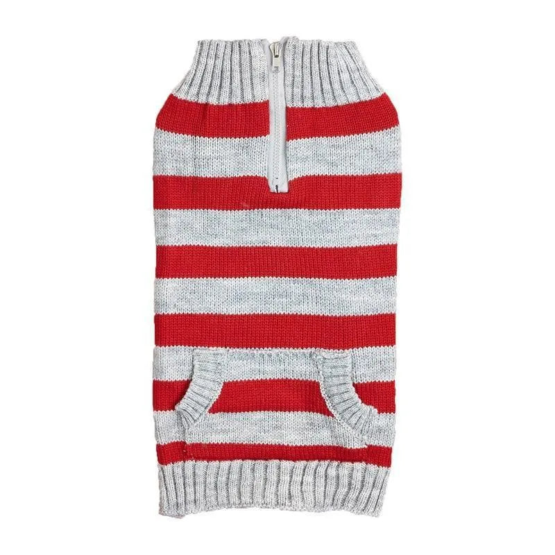 Grey dog sweater with horizontal zipper and button pocket on a small canine