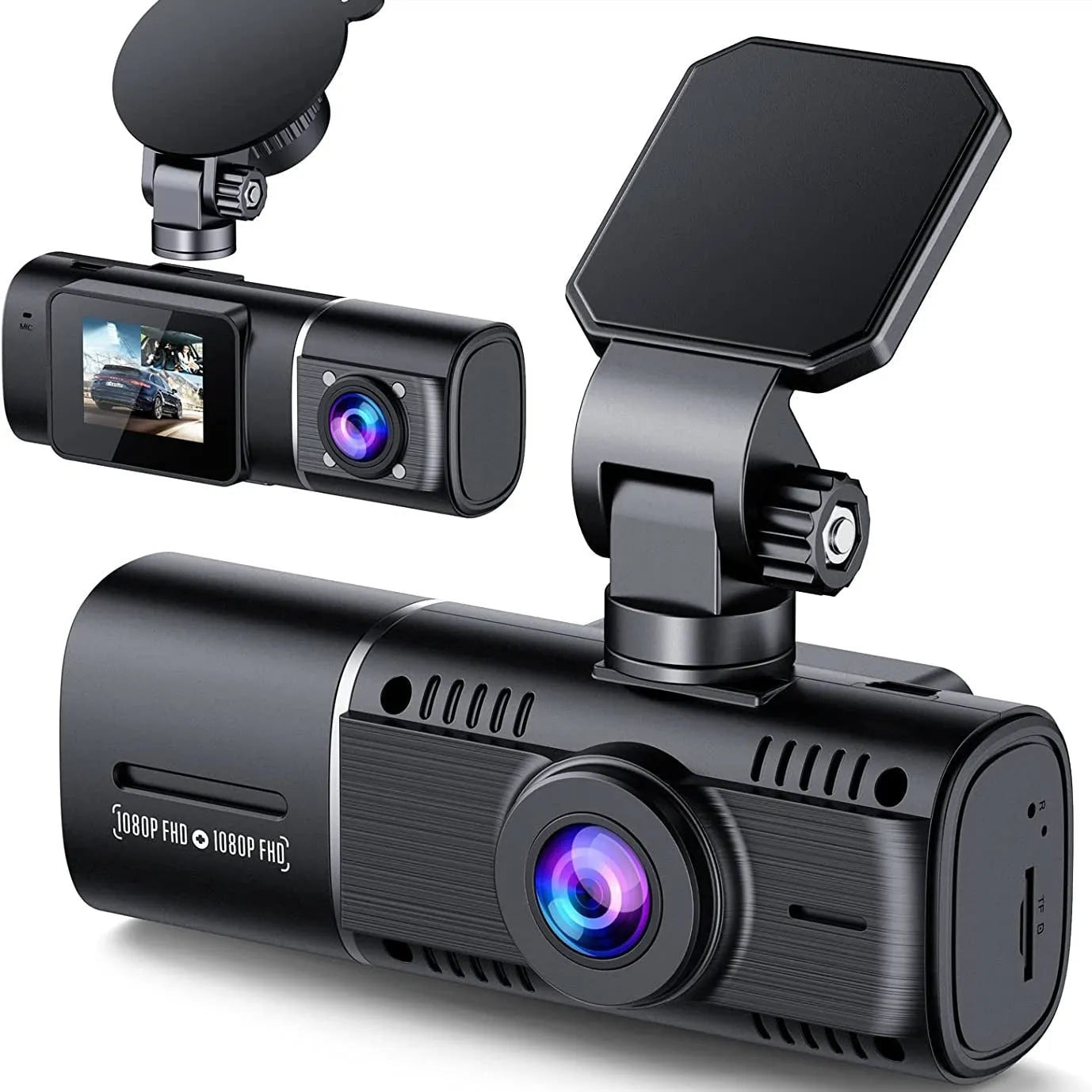Black dual-channel dashcam car camera with front and rear recording for vehicle security