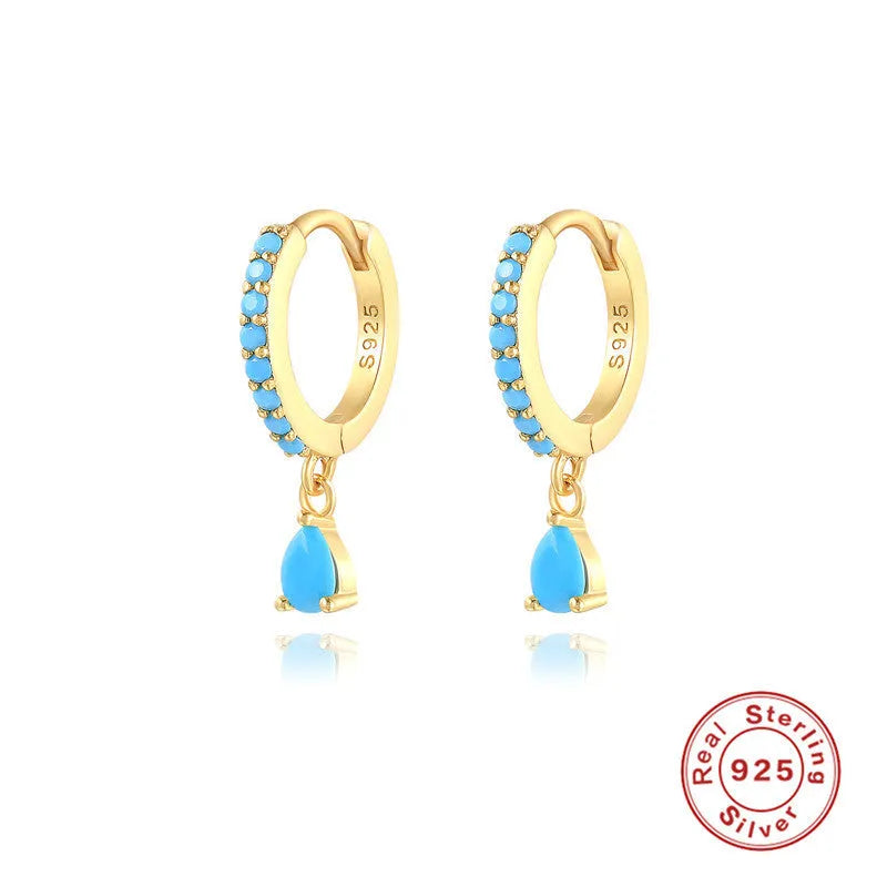 Geometric water drop earrings in Sterling Silver with electroplated gold finish and purple diamond stones