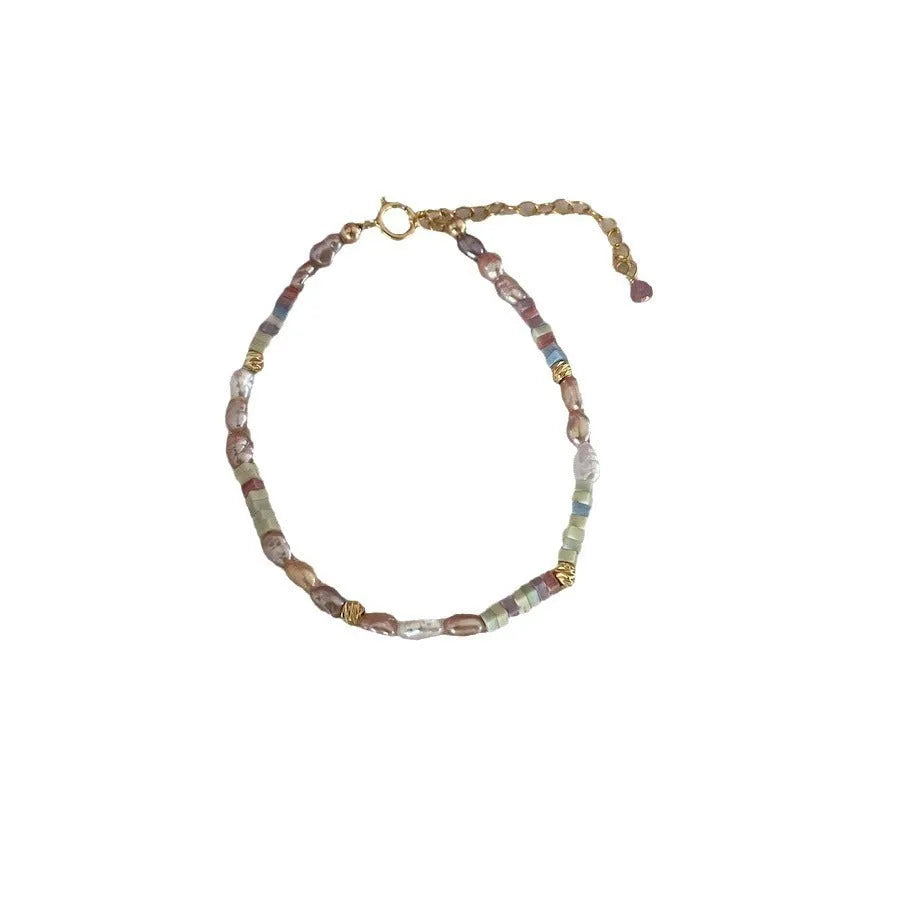 Purple natural pearl bracelet and necklace set with 14K gilded silver handmade jewellery