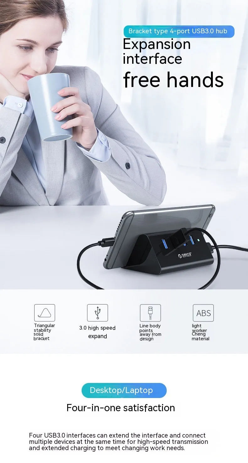 USB 3.0 4-port external hub with bracket, no external power supply, for trade fairs