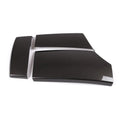 Three black ABS car armrest box covers with a shiny carbon fibre diagonal weave pattern.