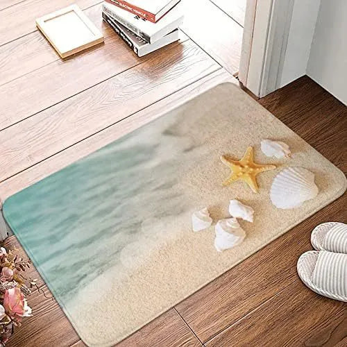 Personalised flannel floor mat in a choice of coastal starfish, cherry, or cow print designs on polyester fabric.