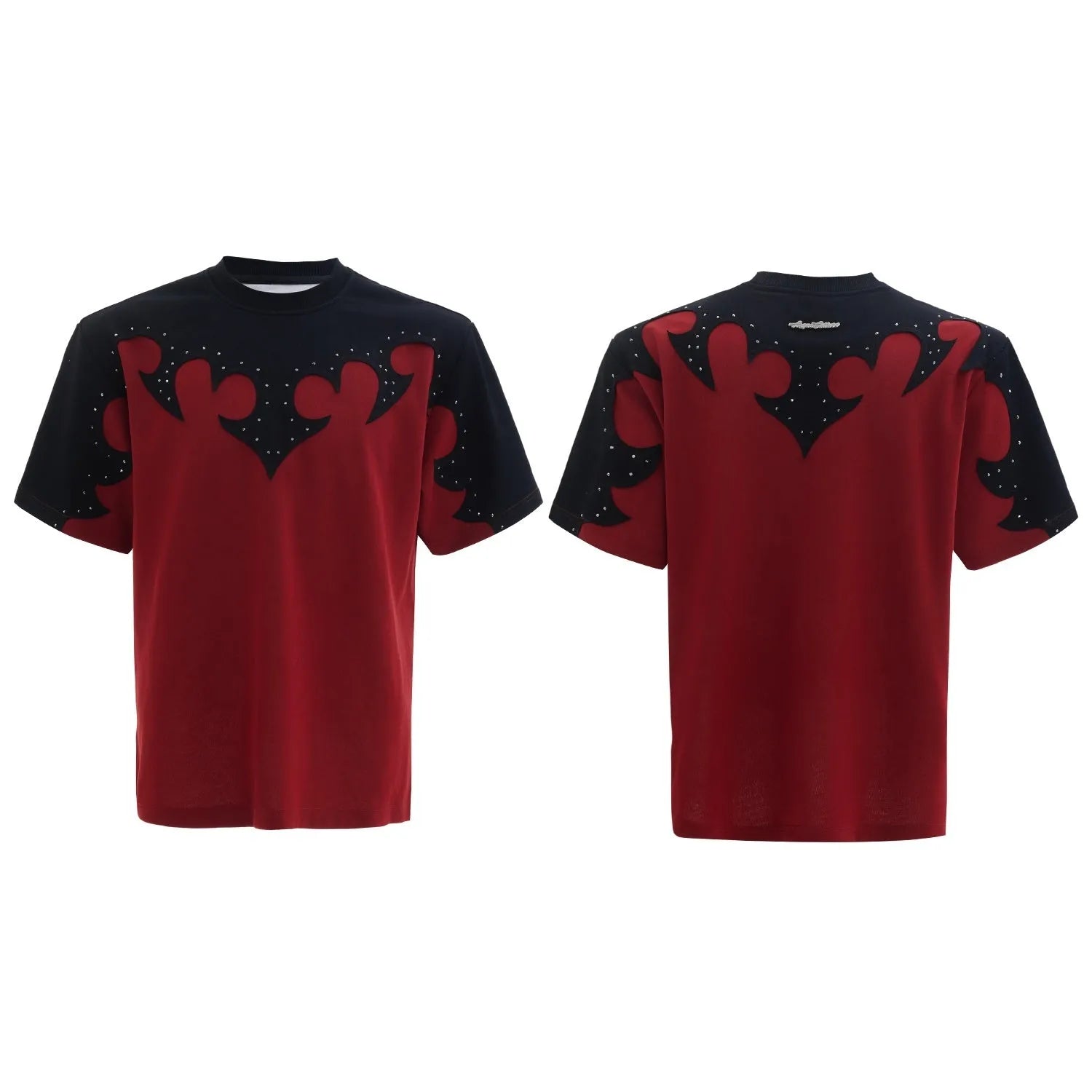 Men's grey short sleeve shirt with a raised burnt flower design and rhinestone detail on the chest.