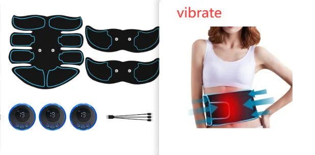 Abdominal muscle patch showing six electrode areas and digital display with charging port