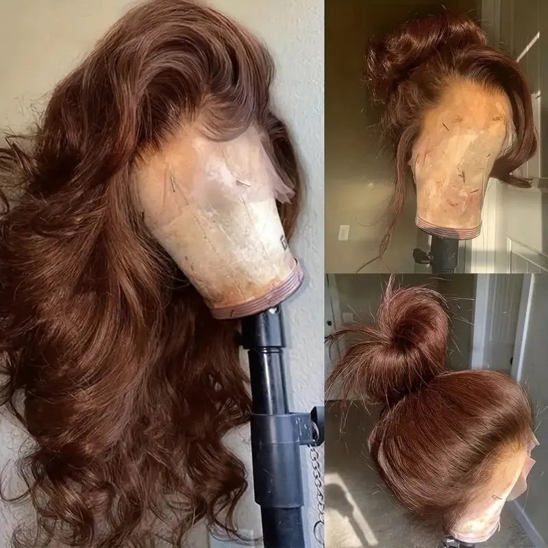 Women's dark brown front lace wig with long curly hair and side bangs, exotic style.