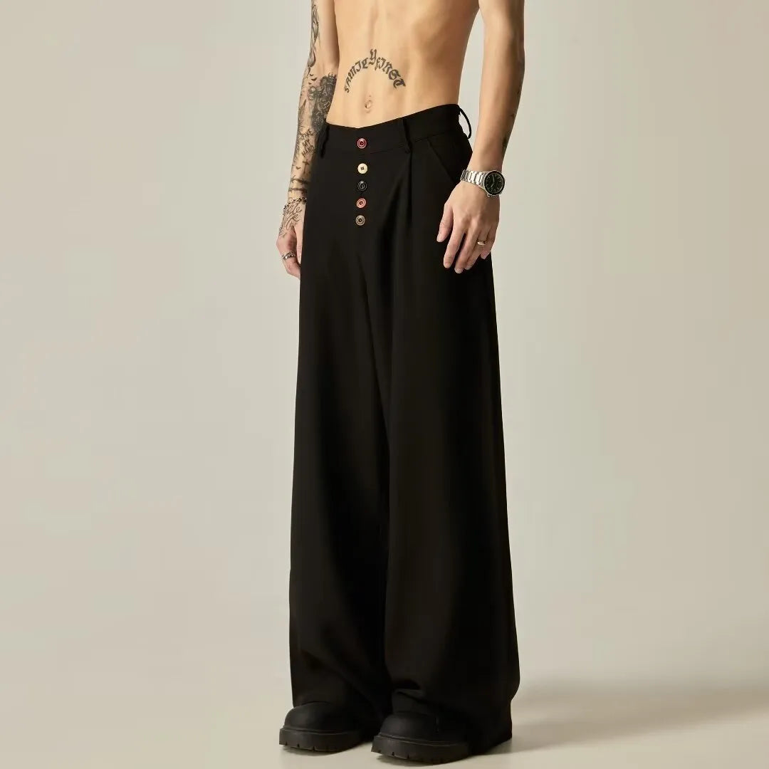Men's black straight-leg casual trousers with elasticated waistband and polyester cotton blend fabric
