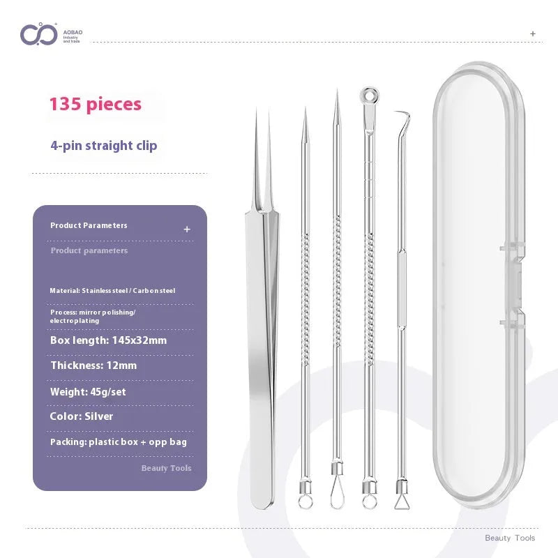 Four silver metal acne needles with pointed tips for skincare extraction