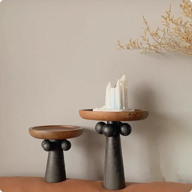 Nordic style round wooden tray with high legs for candle and aromatherapy display
