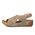 Roman platform sandals with skirt detail and Velcro fastening in neutral colours