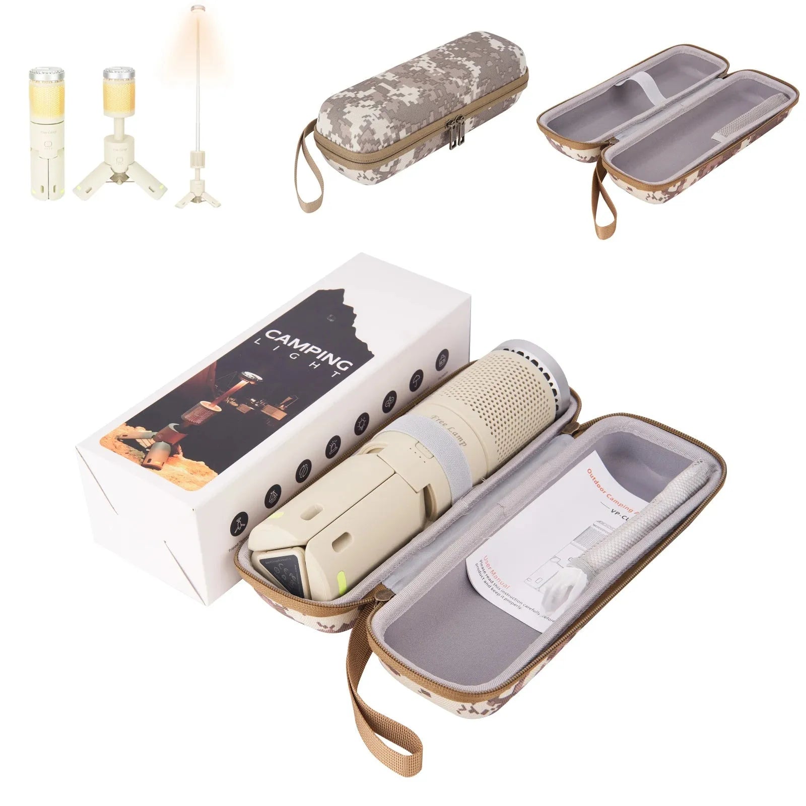 Portable LED camping lantern in creamy white or dark grey with button switch