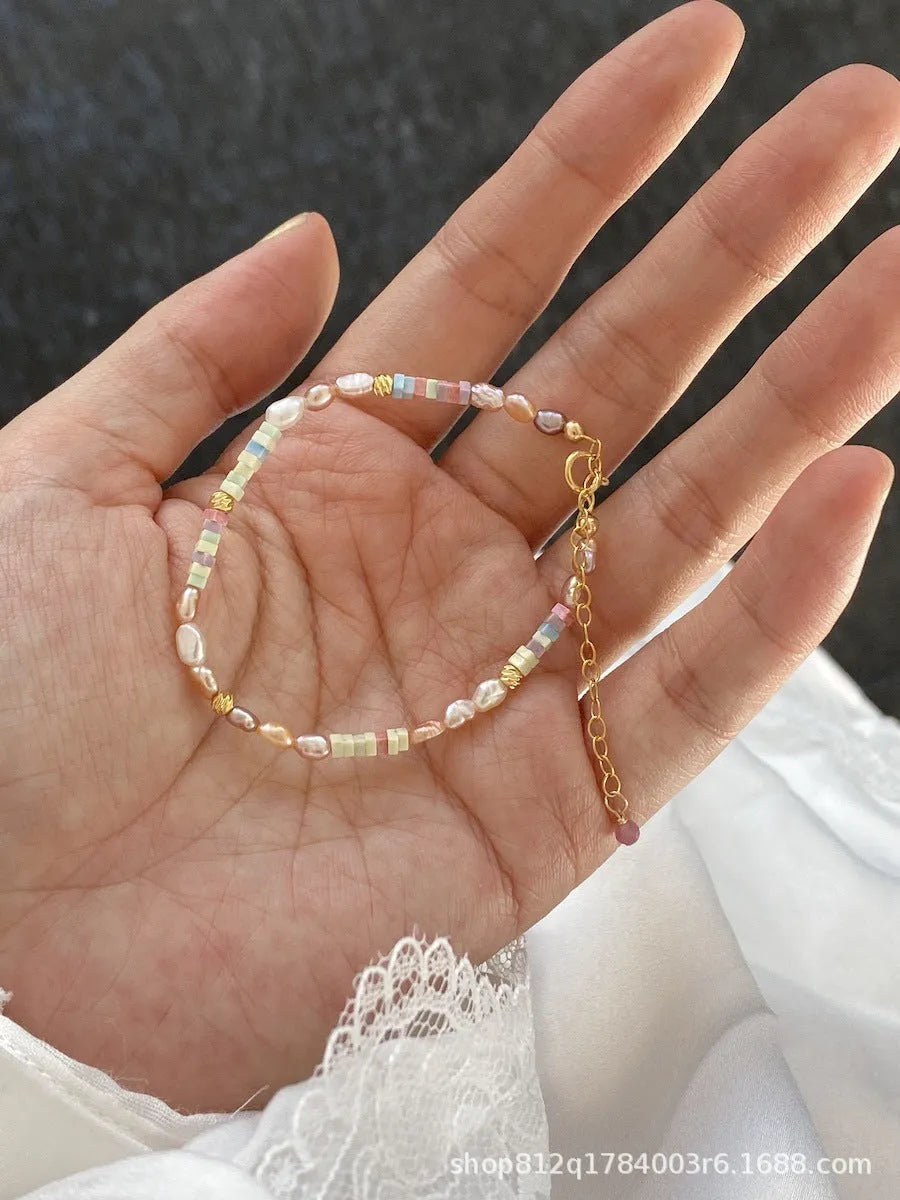 Purple natural pearl bracelet and necklace set with 14K gilded silver handmade jewellery
