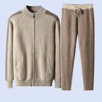 Men's cashmere wool blend cardigan suit with half turtleneck zipper in camel colour