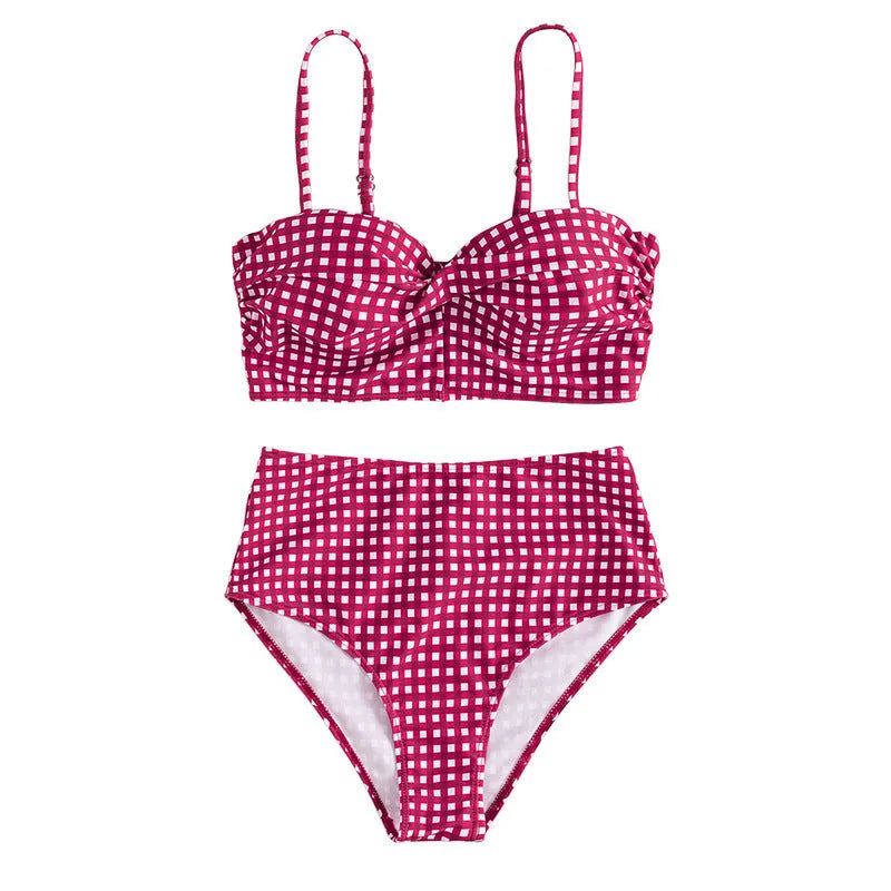 Women's plaid high waist bikini swimsuit in rose red, shown as a two-piece set.