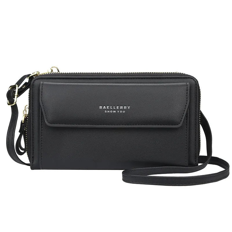 Ladies long wallet messenger bag in PU leather with double zipper, shown in multiple colour options