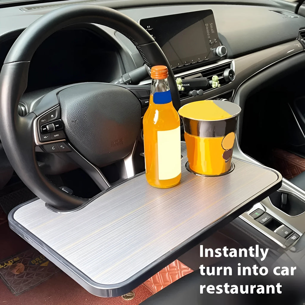 Black car steering wheel laptop stand tray with a foldable drink cup holder deployed.