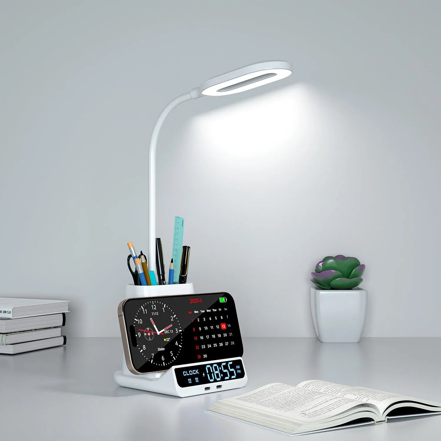 Wireless charging lamp with pen holder storage compartments in black modern design