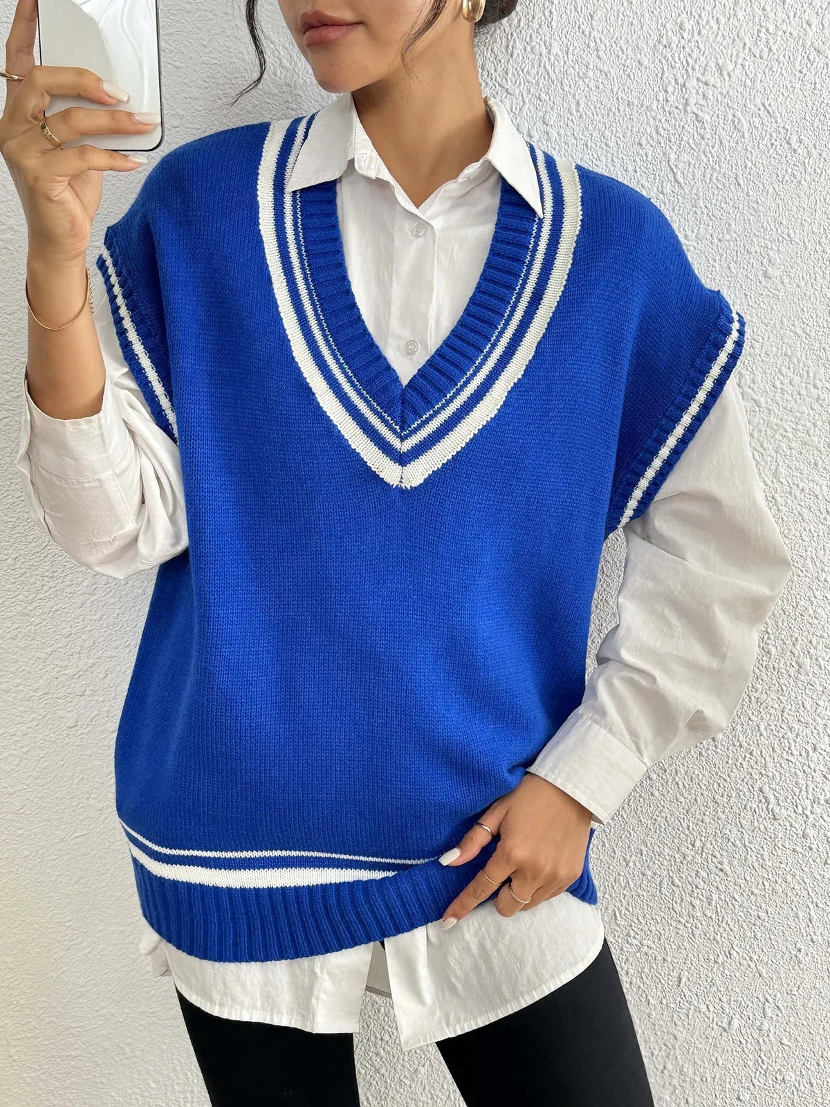 Women's loose acrylic vest sweater in black, blue and coffee colours with college style design